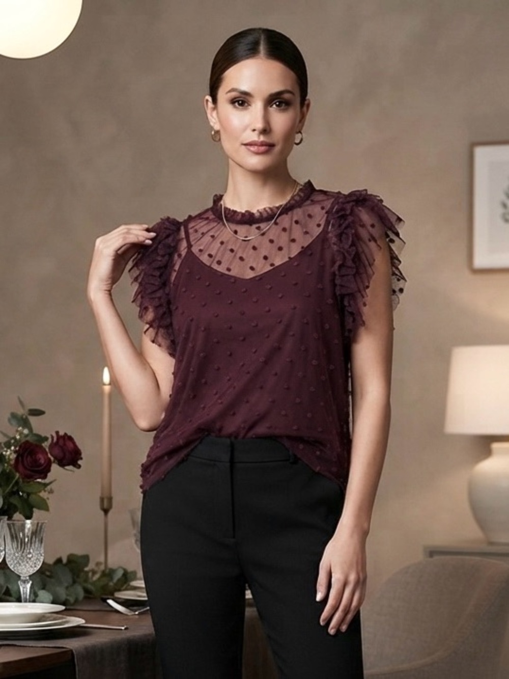Old Navy Plum Sheer Swiss Dot Ruffle Sleeve Camisole